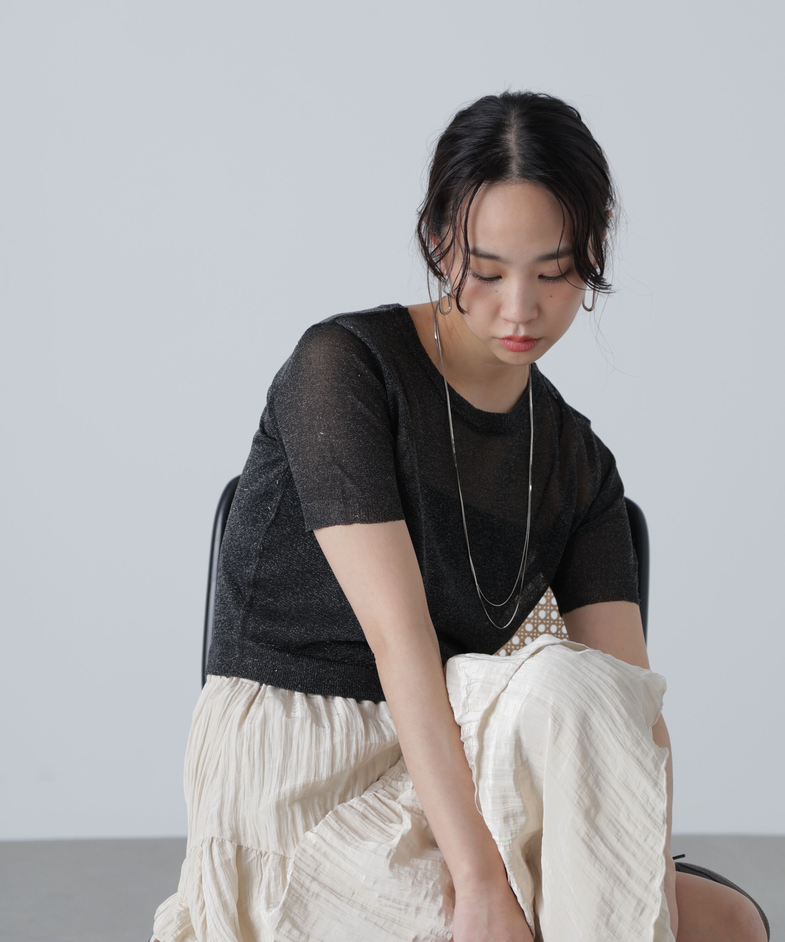  「コンパクトラメシアー半袖ニット」|ニット・セーター|