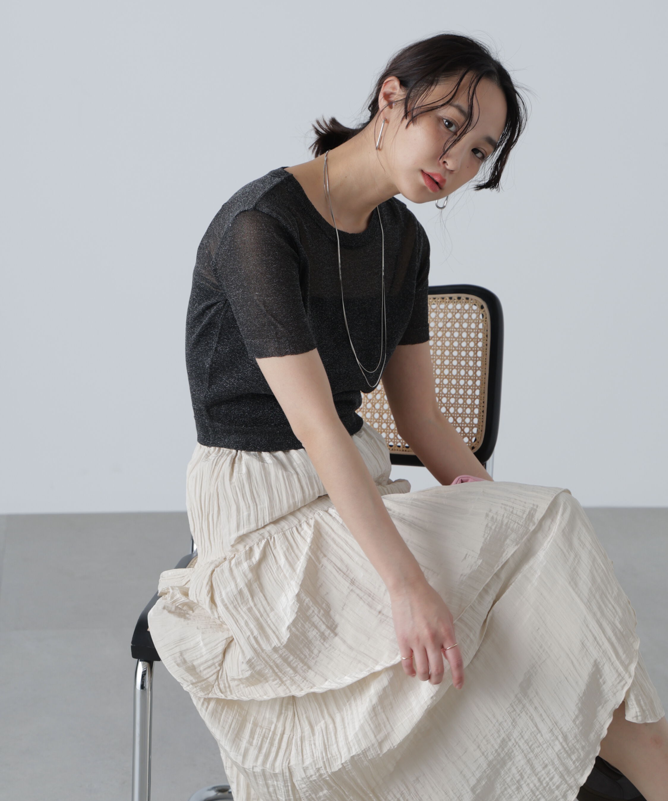  「コンパクトラメシアー半袖ニット」|ニット・セーター|