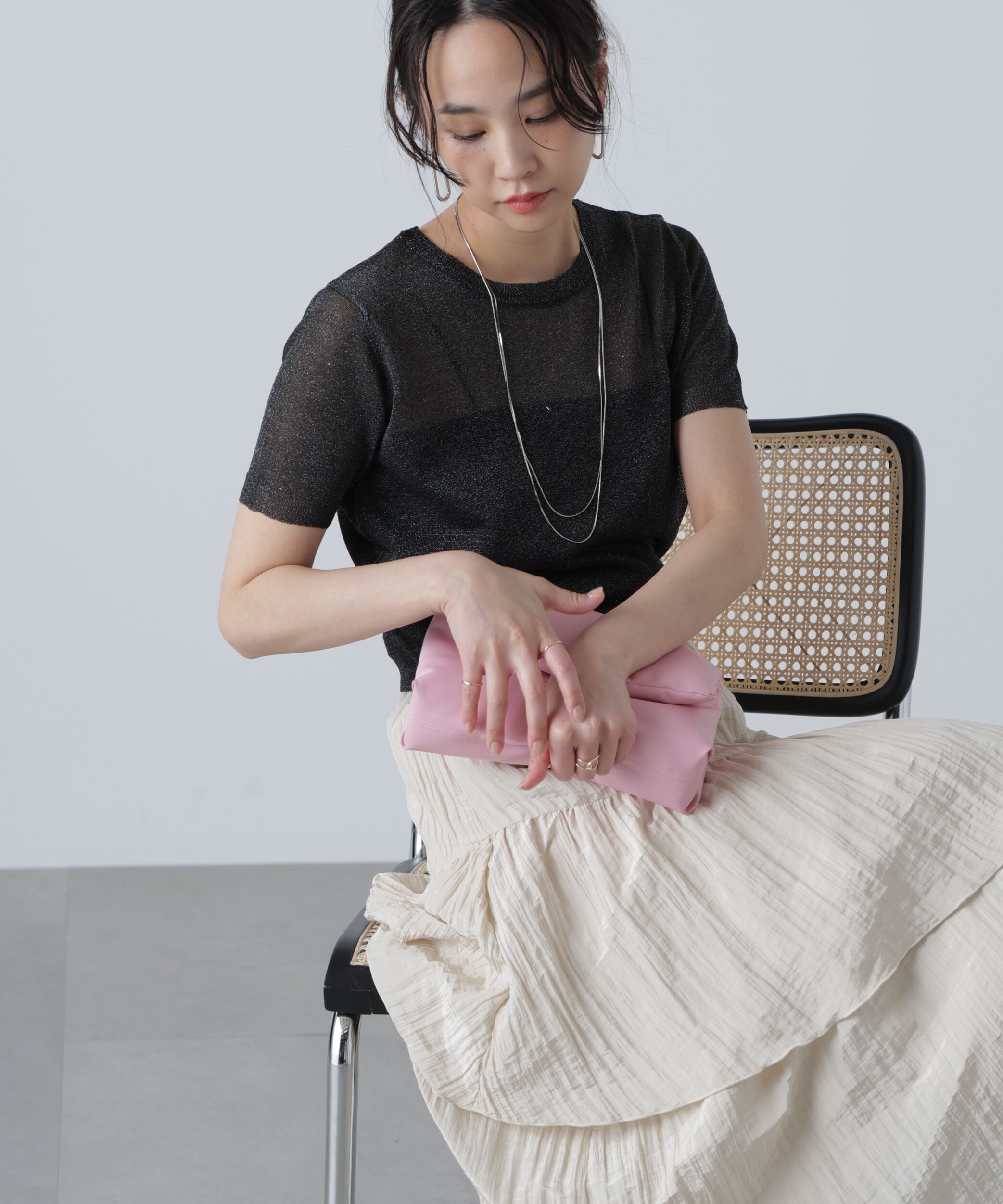  「コンパクトラメシアー半袖ニット」|ニット・セーター|