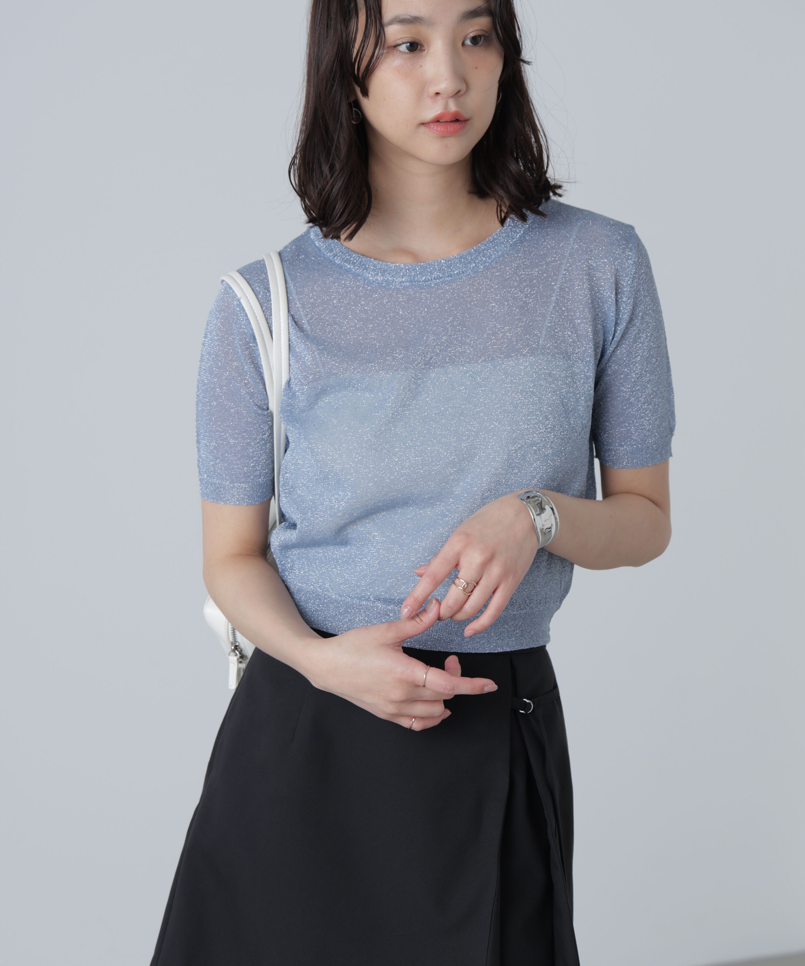  「コンパクトラメシアー半袖ニット」|ニット・セーター|ブルー