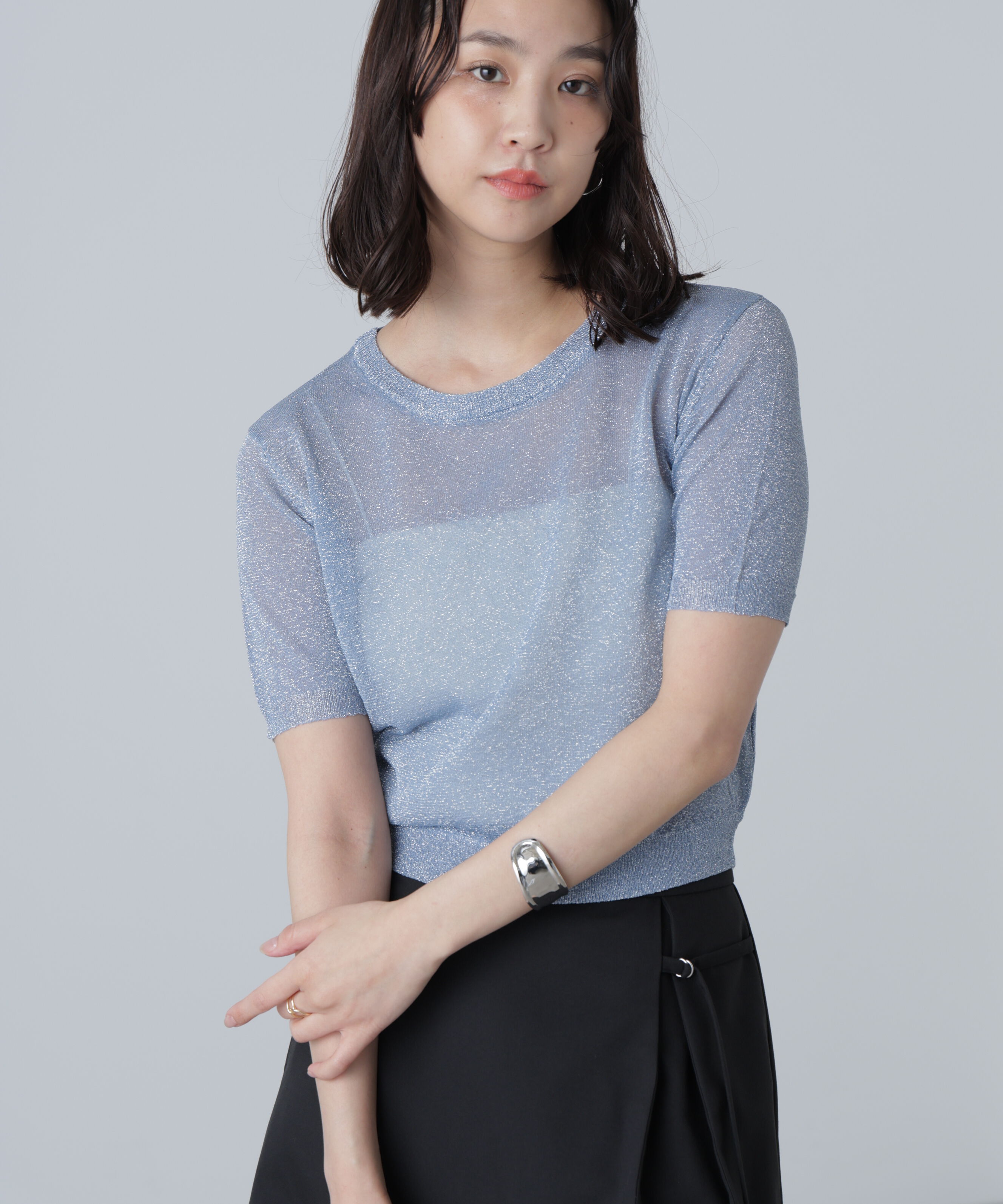  「コンパクトラメシアー半袖ニット」|ニット・セーター|