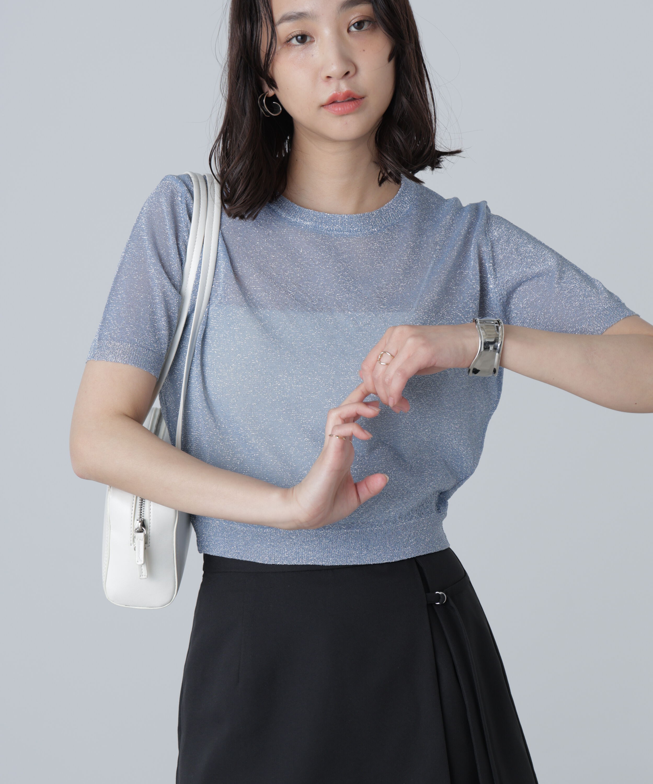  「コンパクトラメシアー半袖ニット」|ニット・セーター|