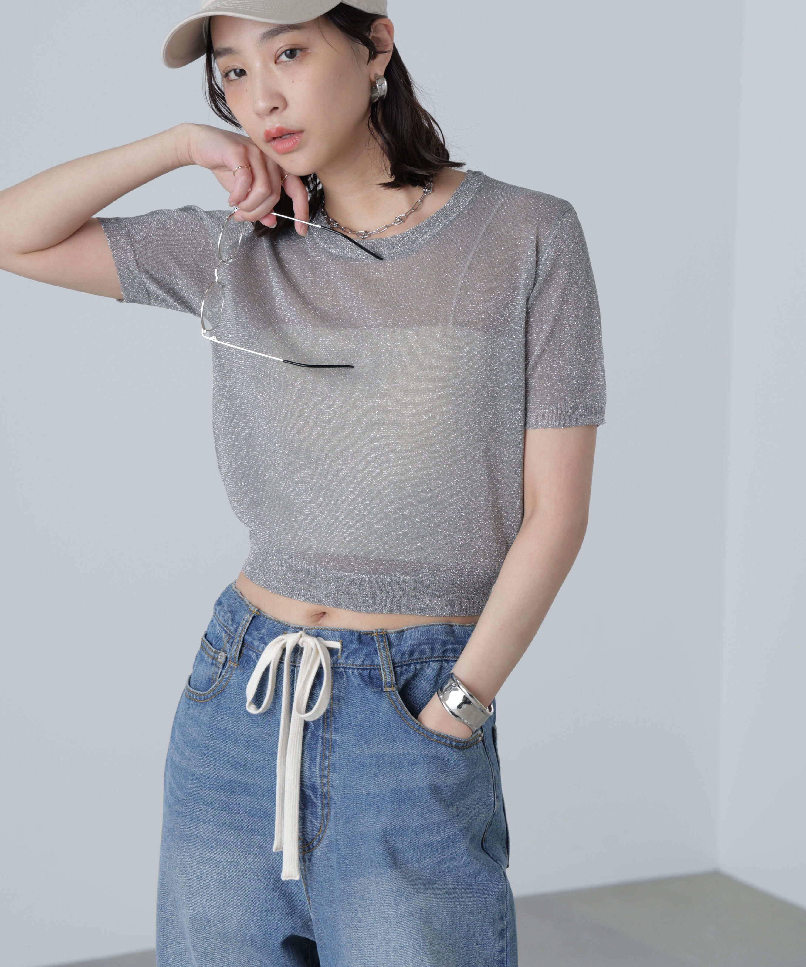  「コンパクトラメシアー半袖ニット」|ニット・セーター|