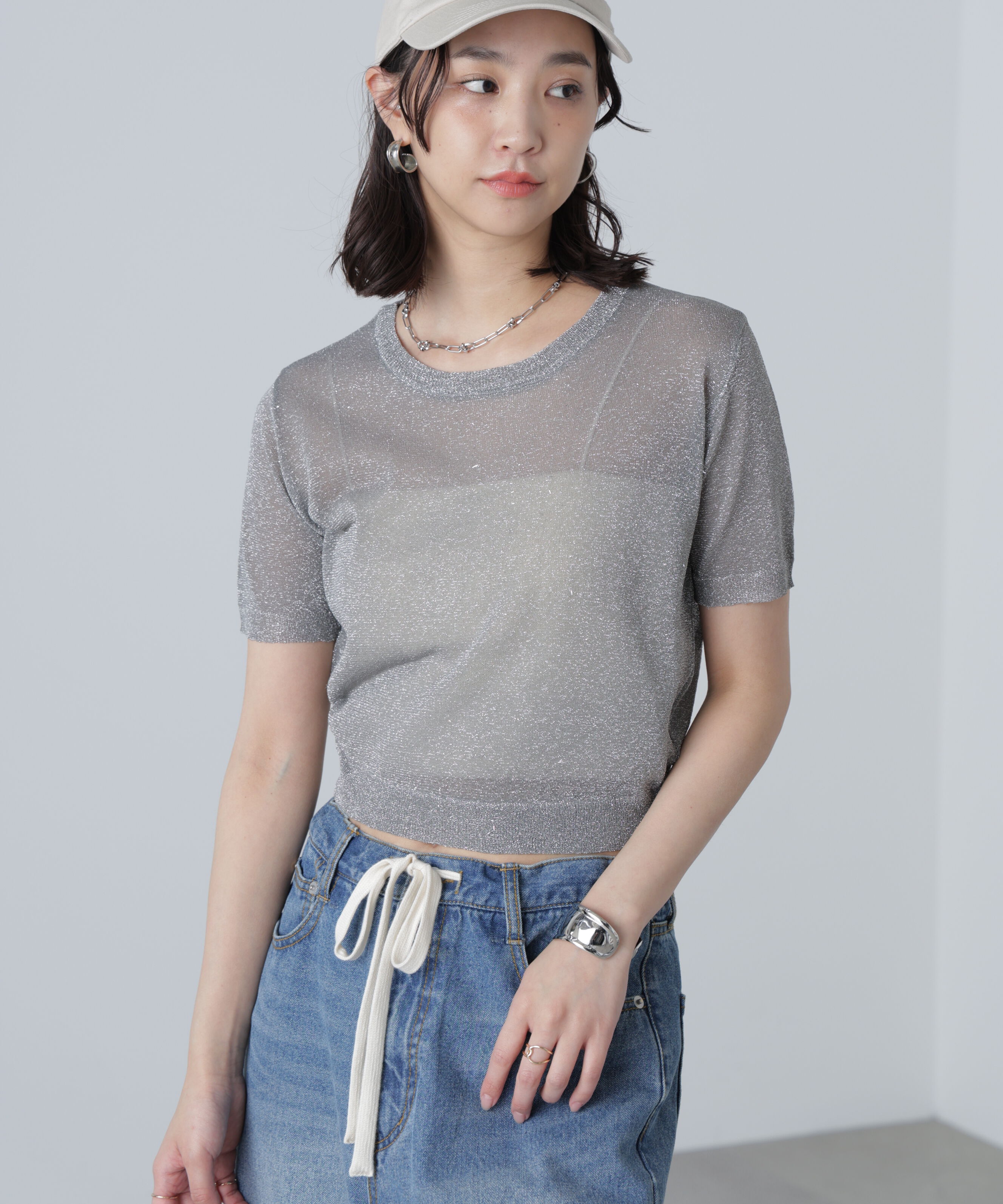  「コンパクトラメシアー半袖ニット」|ニット・セーター|