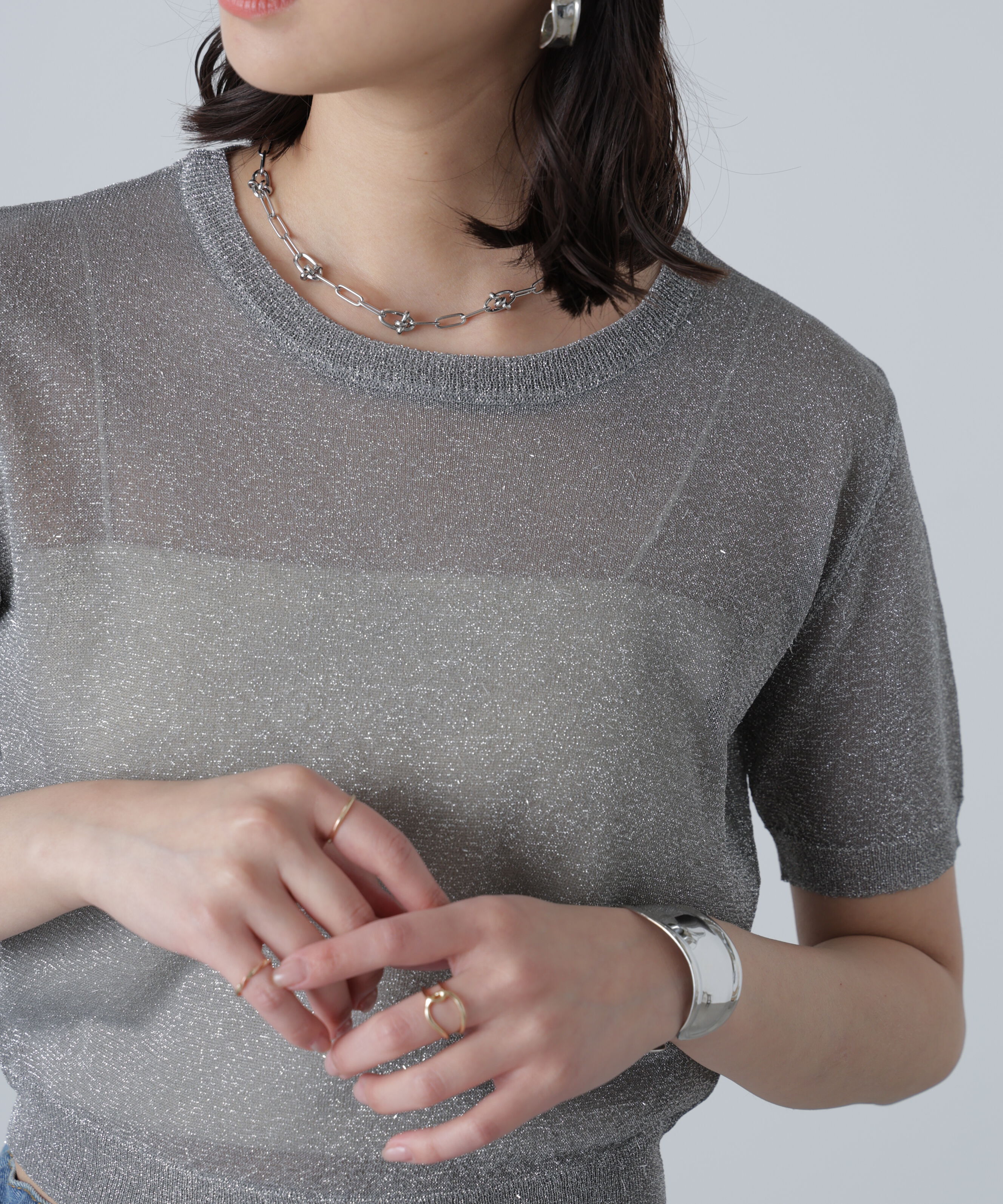  「コンパクトラメシアー半袖ニット」|ニット・セーター|