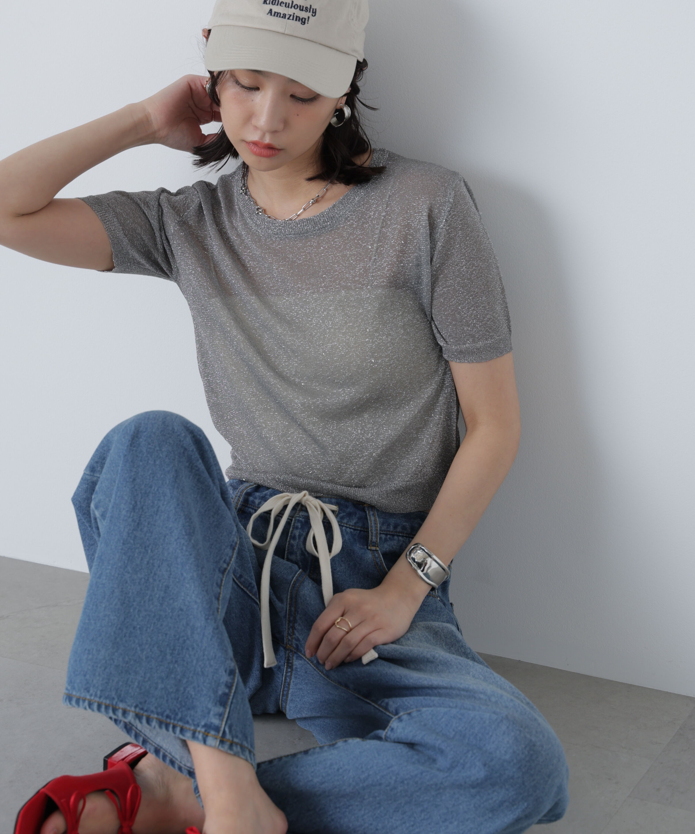  「コンパクトラメシアー半袖ニット」|ニット・セーター|