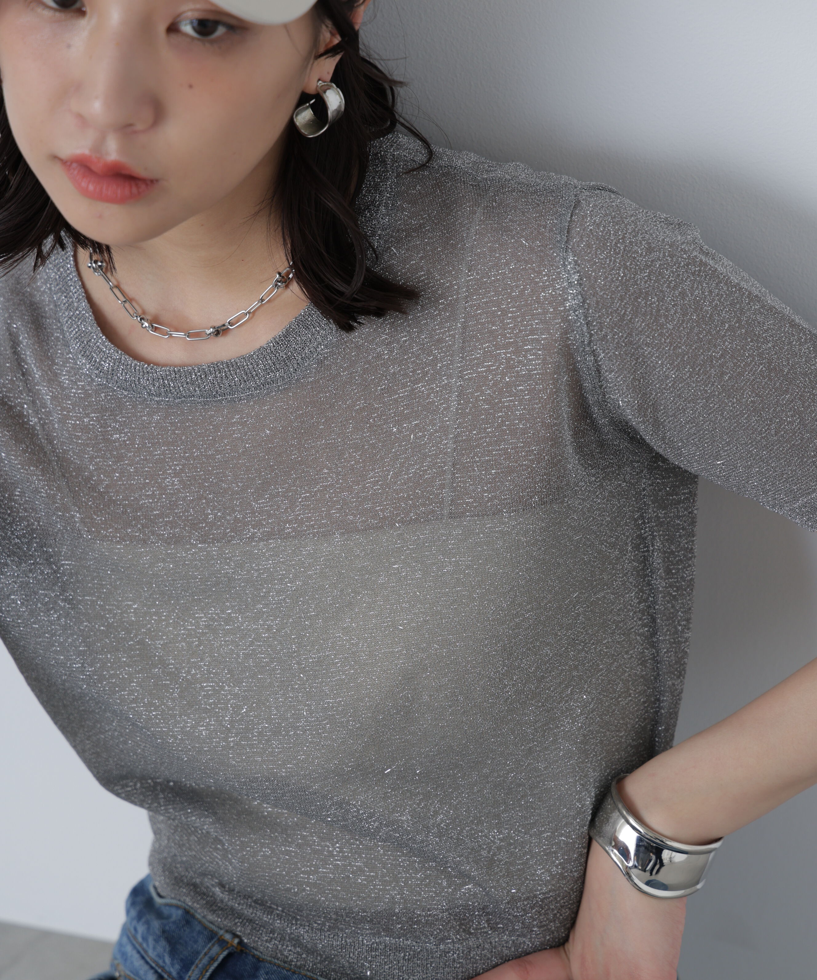  「コンパクトラメシアー半袖ニット」|ニット・セーター|