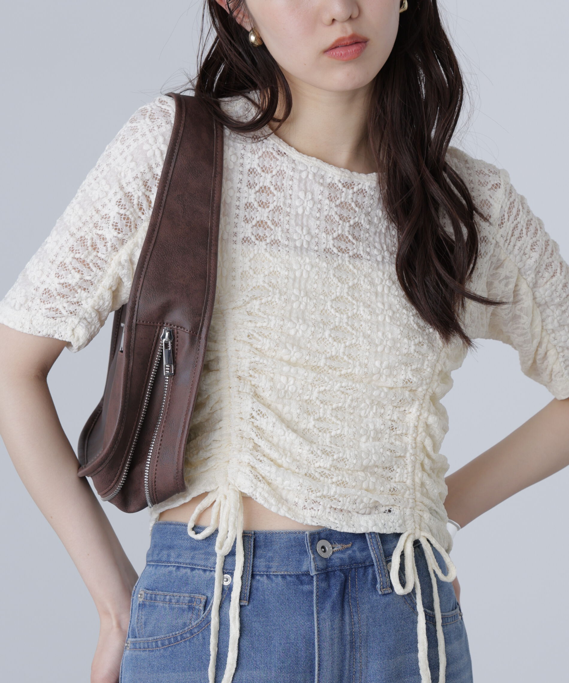  「ストレッチレースドロストトップス」|シャツ・ブラウス|オフホワイト