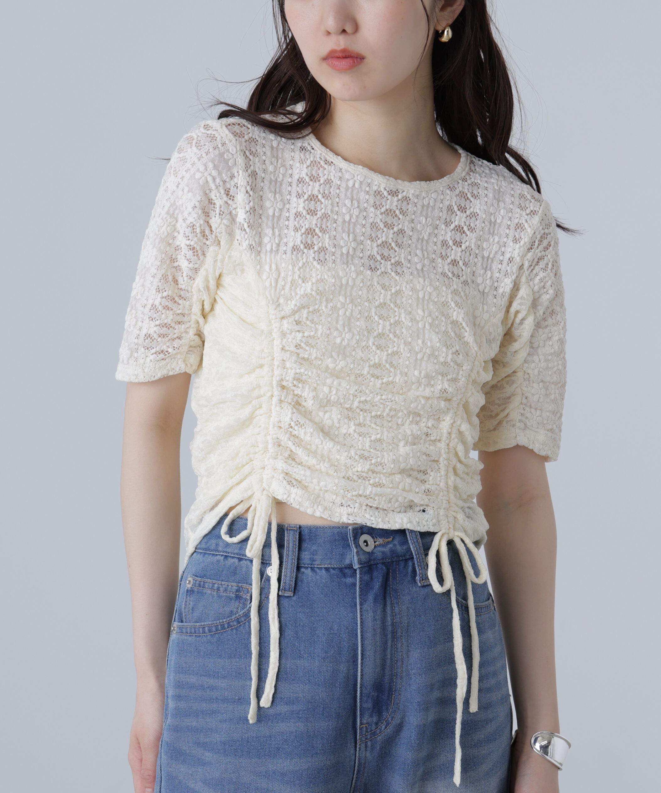  「ストレッチレースドロストトップス」|シャツ・ブラウス|