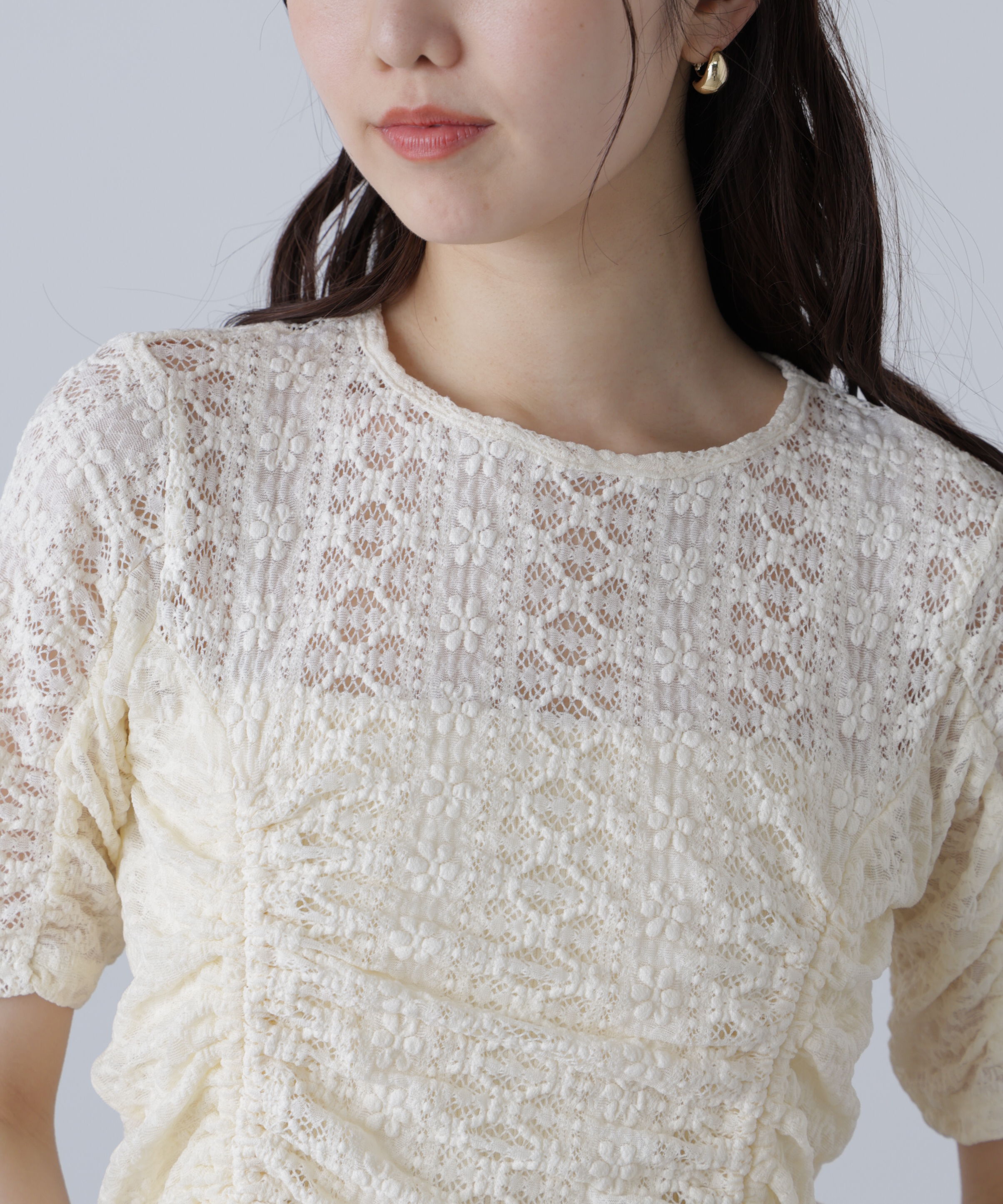  「ストレッチレースドロストトップス」|シャツ・ブラウス|