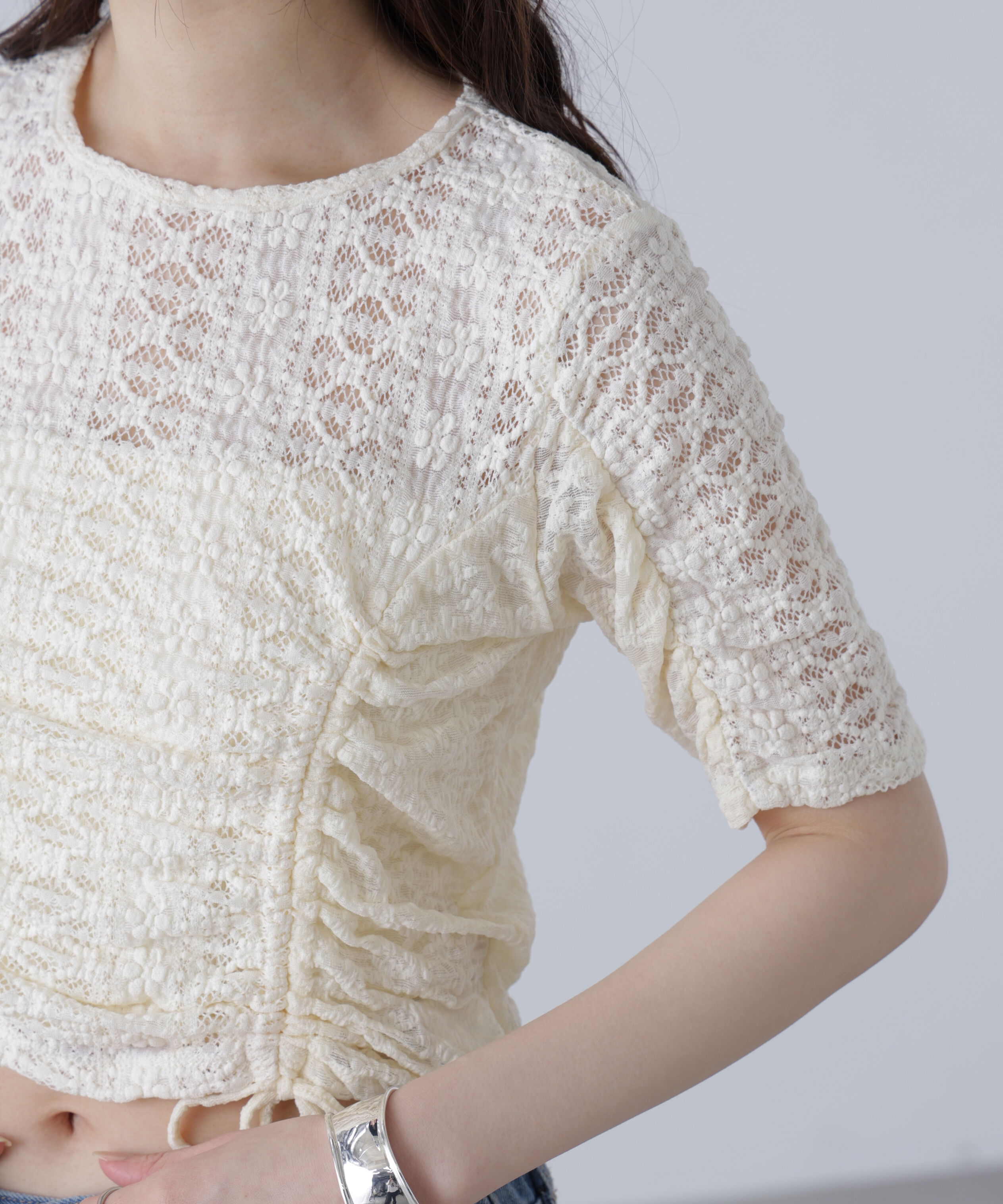  「ストレッチレースドロストトップス」|シャツ・ブラウス|