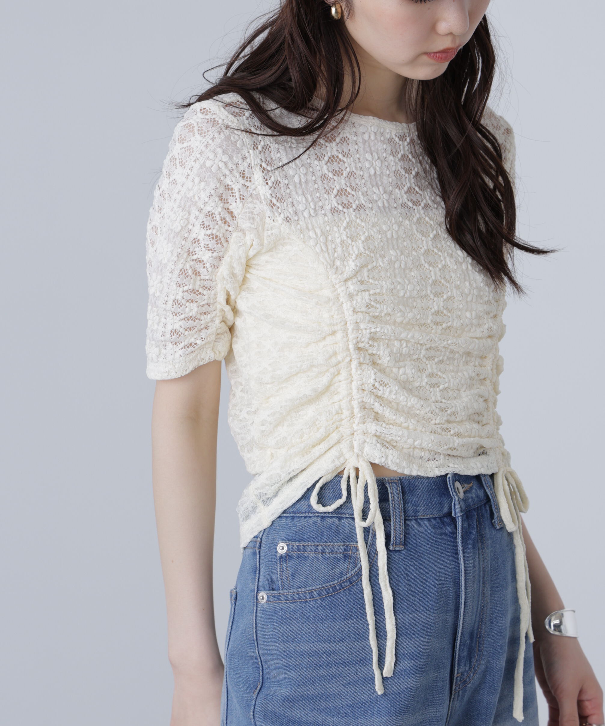  「ストレッチレースドロストトップス」|シャツ・ブラウス|