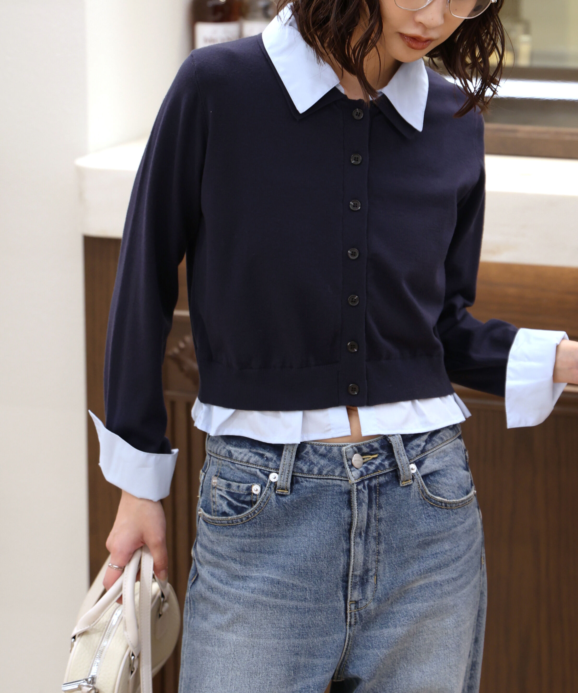  「シャツフェイクレイヤードポロカーディガン」|ニット・セーター|