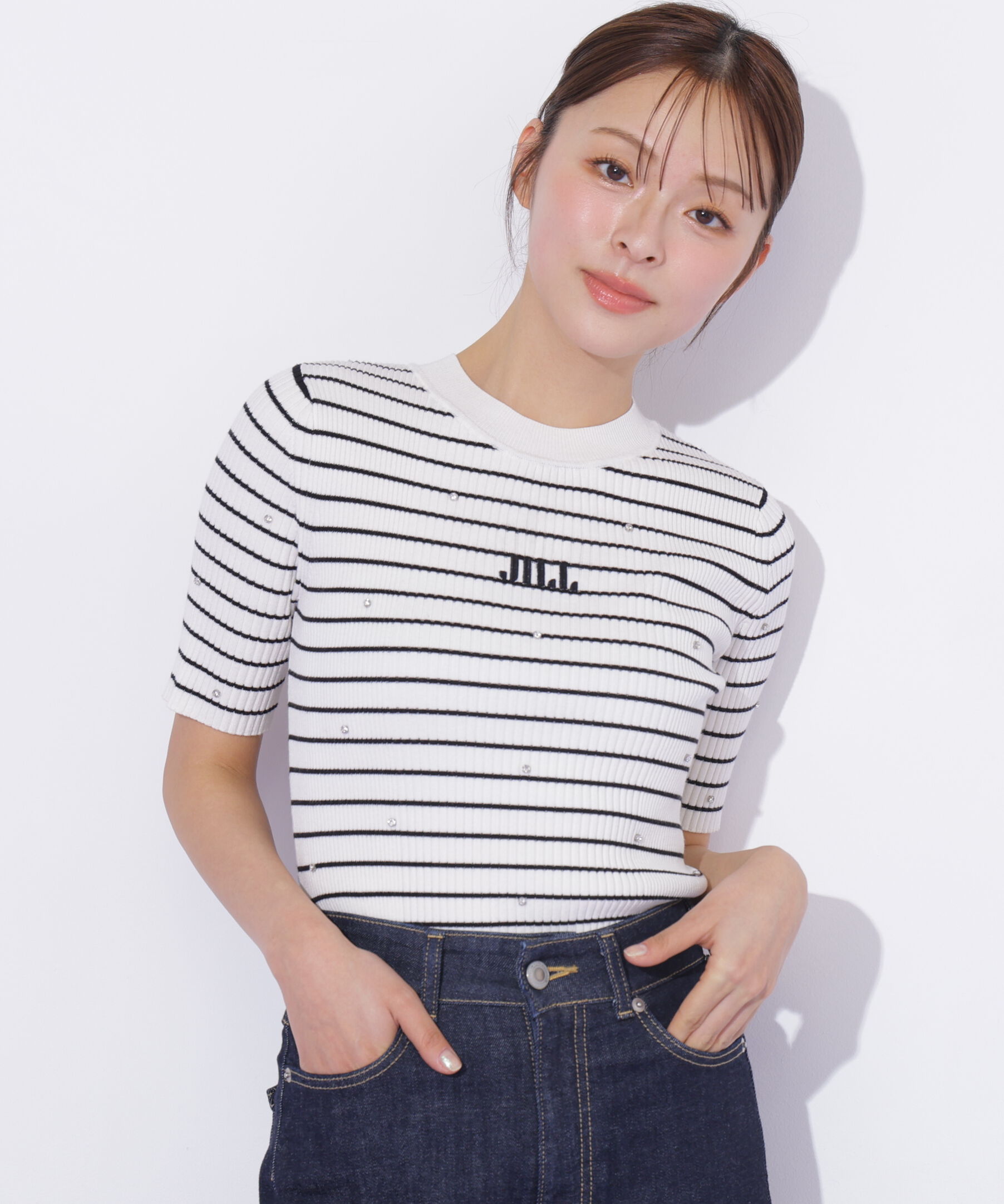  「半袖ビジューコンパクトニット」|ニット・セーター|