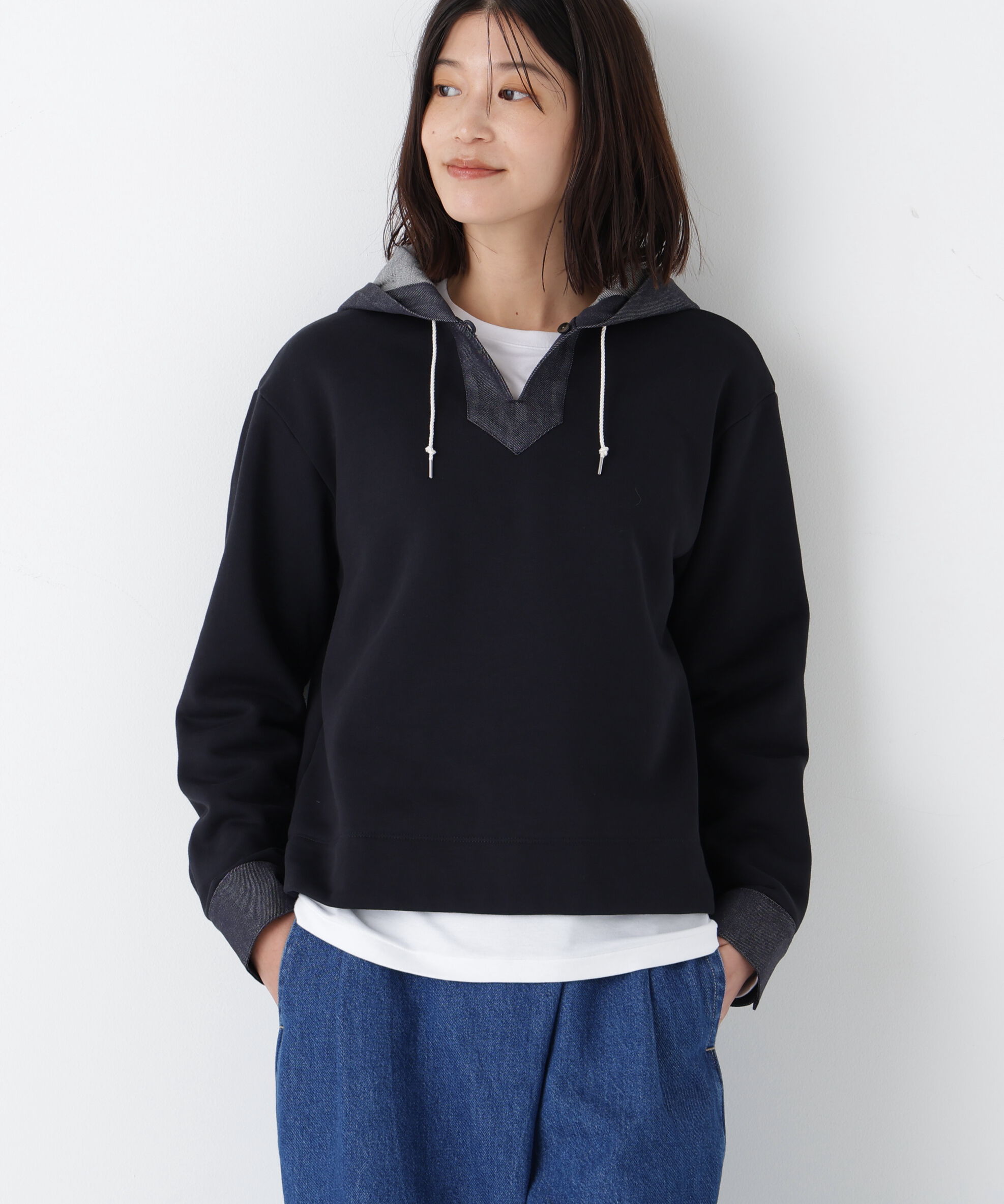  「◆デニムドッキングフーディープルオーバー」|Tシャツ・カットソー|ネイビー