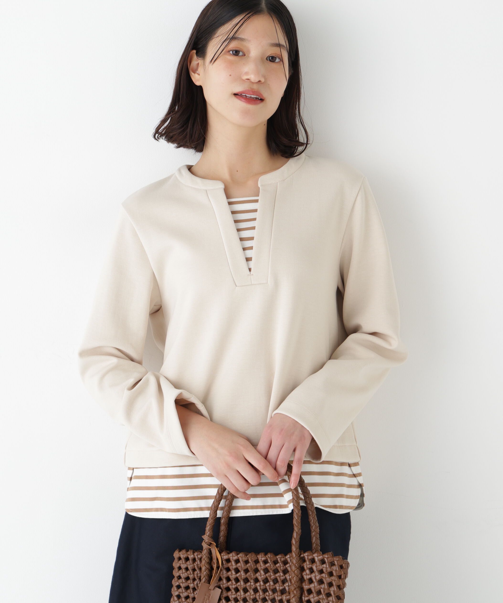  「◆ボーダー重ね着風ＰＯ」|Tシャツ・カットソー|ベージュ&times;ベー