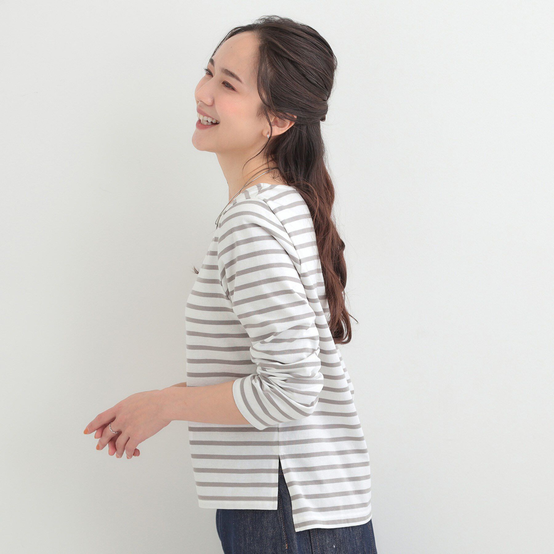 SHOO･LA･RUE「【S-LL/洗濯機可】着こなしいろいろ 首元すっきりボートネック ボーダーロンT」|Tシャツ・カットソー|