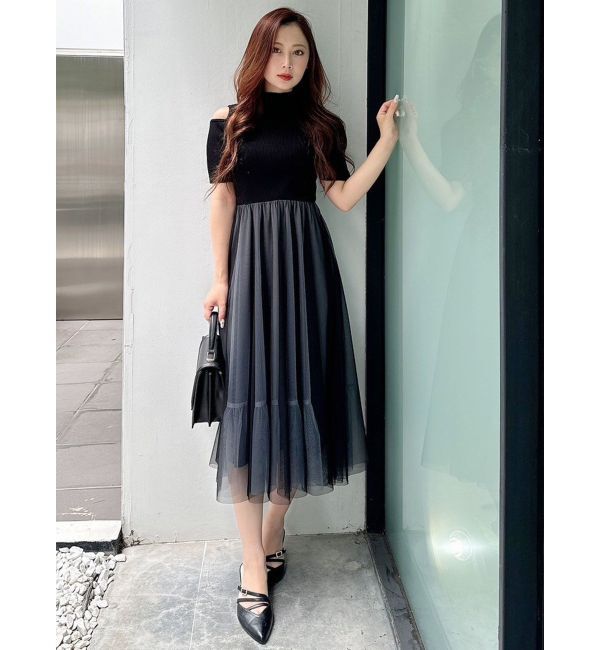 MERCURYDUO「チュールドッキングオープンショルダーワンピース」|ワンピース|