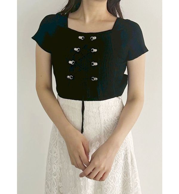 MERCURYDUO「レイヤードライクレースアップニット」|ニット・セーター|ブラック