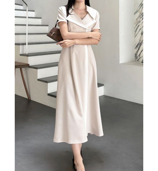 MERCURYDUO「バイカラーハーフスリーブトレンチフレアワンピース」|ワンピース|