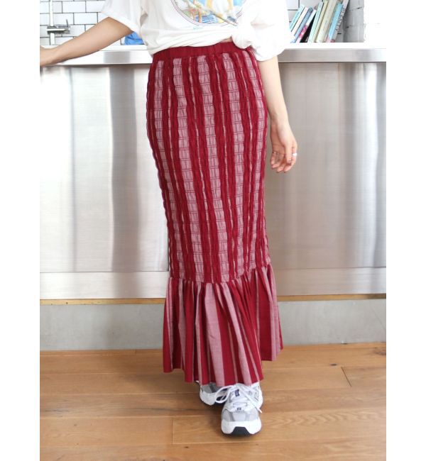 Ungrid「シャーリングデザインストライプスカート」|スカート|レッド
