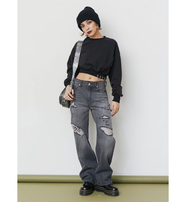 EVRIS「ランダムダメージセミワイドデニムパンツ」|デニム|