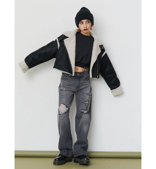 EVRIS「ランダムダメージセミワイドデニムパンツ」|デニム|