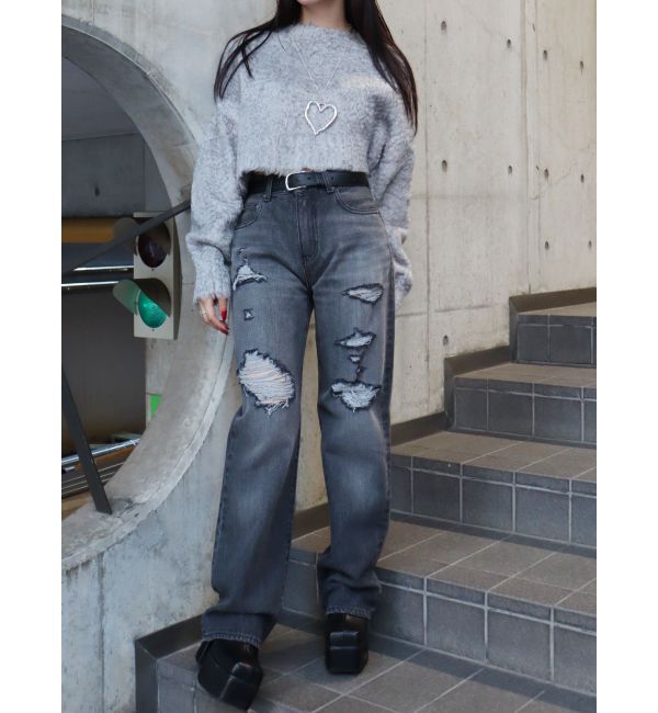 EVRIS「ランダムダメージセミワイドデニムパンツ」|デニム|