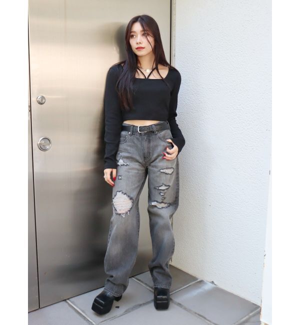 EVRIS「ランダムダメージセミワイドデニムパンツ」|デニム|