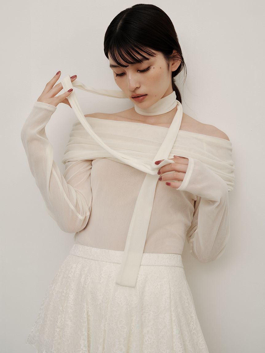 FRAY I.D「オフショルフロッキーチュールトップス」|Tシャツ・カットソー|