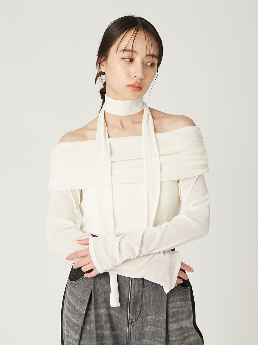 FRAY I.D「オフショルフロッキーチュールトップス」|Tシャツ・カットソー|