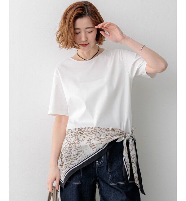 23区「スカーフコンビジャージー ウエストデザイン カットソー」|Tシャツ・カットソー|オフ&times;ネイビー