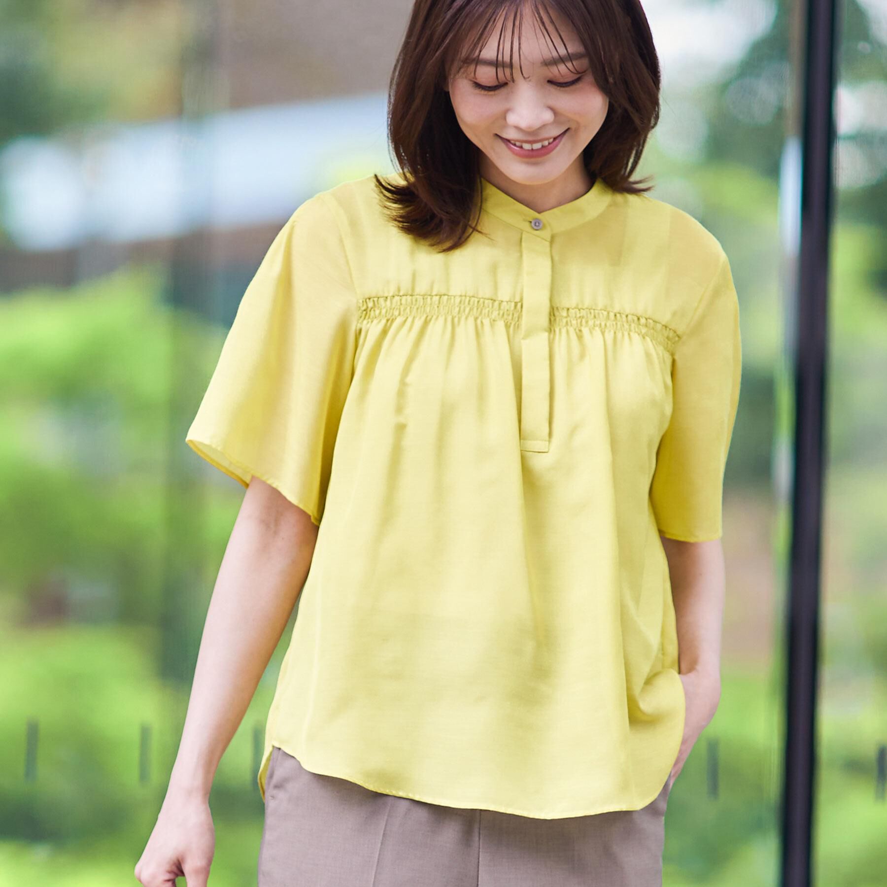 Reflect「【選べる5色◎／マシンウォッシュ可】シャーリングデザインブラウス」|シャツ・ブラウス|イエロー(032)