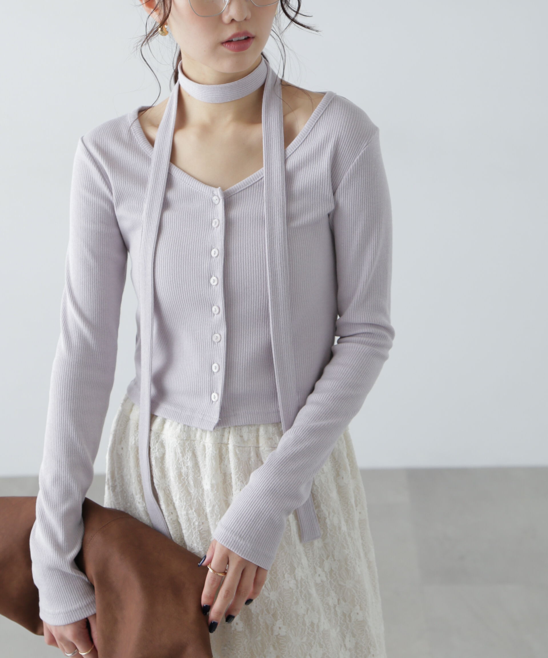  「チョーカー付リブVネックカットソー」|Tシャツ・カットソー|