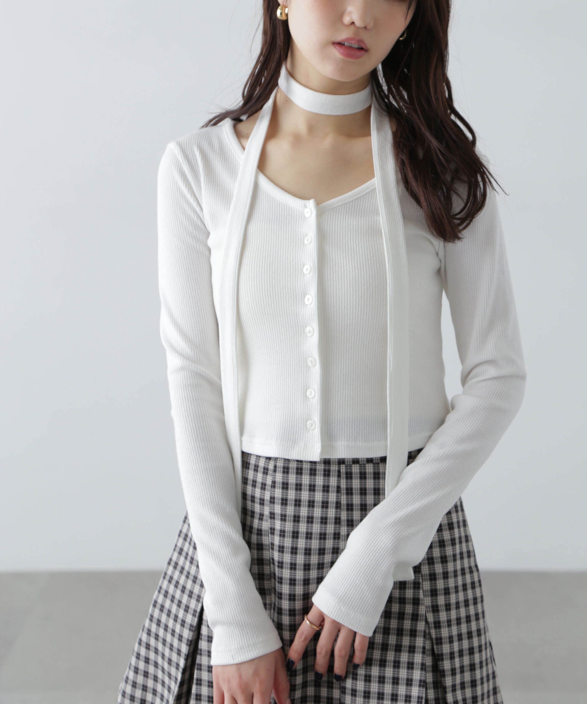  「チョーカー付リブVネックカットソー」|Tシャツ・カットソー|