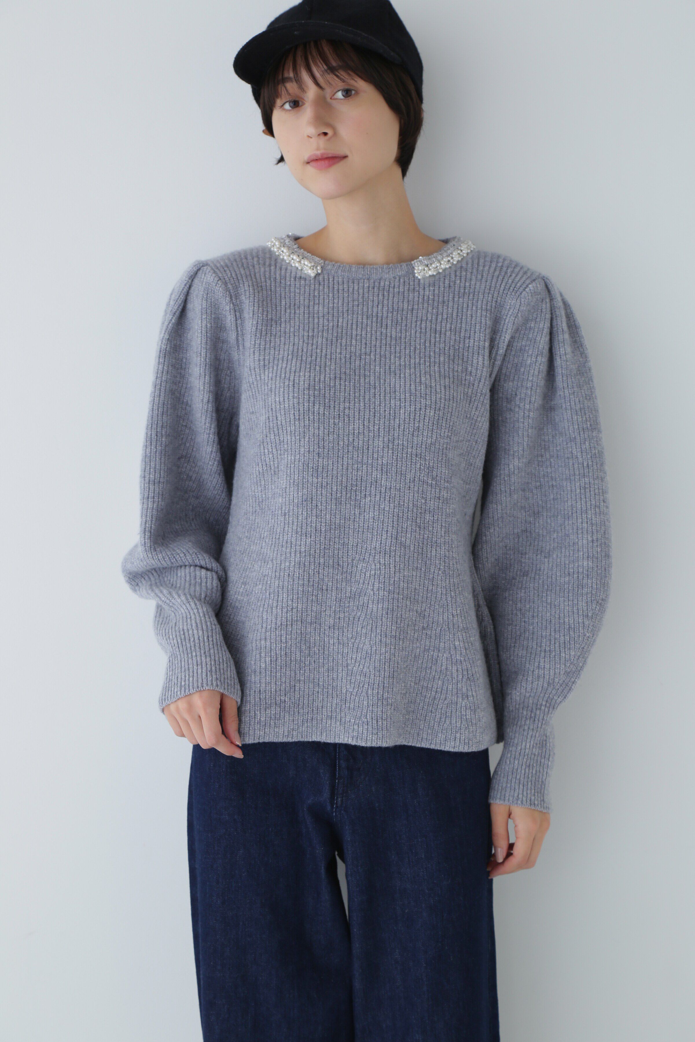  「◆ビジュー付きペプラムニット」|ニット・セーター|TOPグレー1