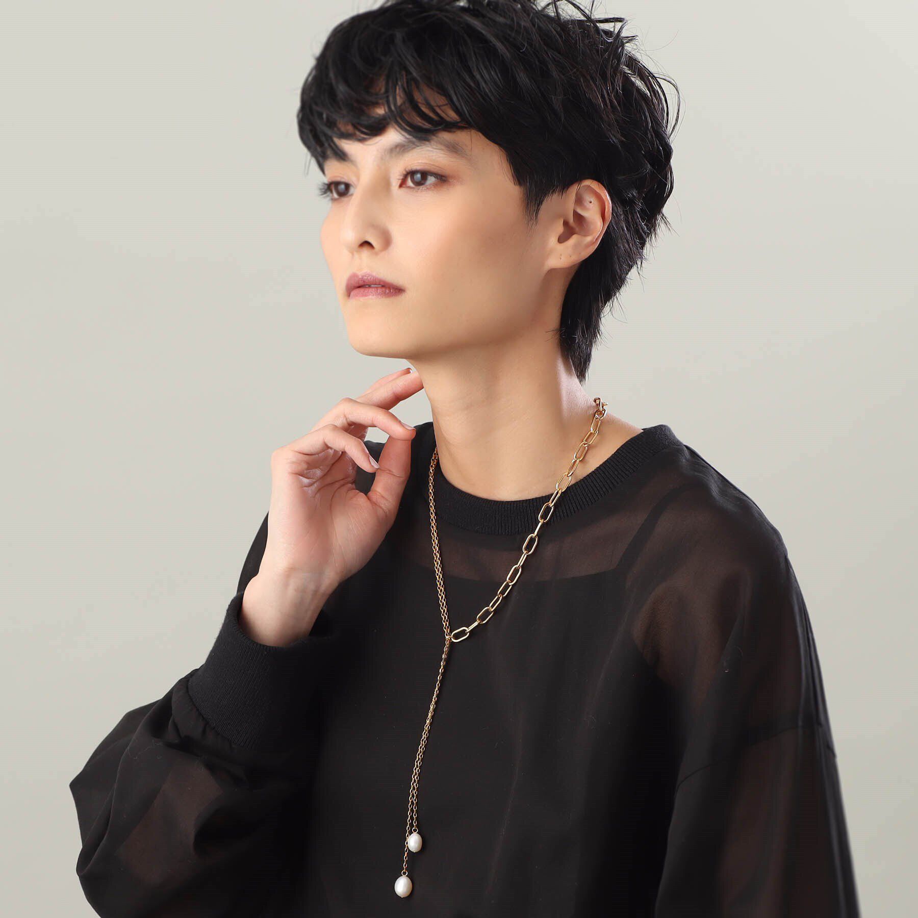 COCOSHNIK ONKITSCH「シルバー バロックパール ミックスチェーン ダブルドロップ ネックレス GP」|ネックレス|