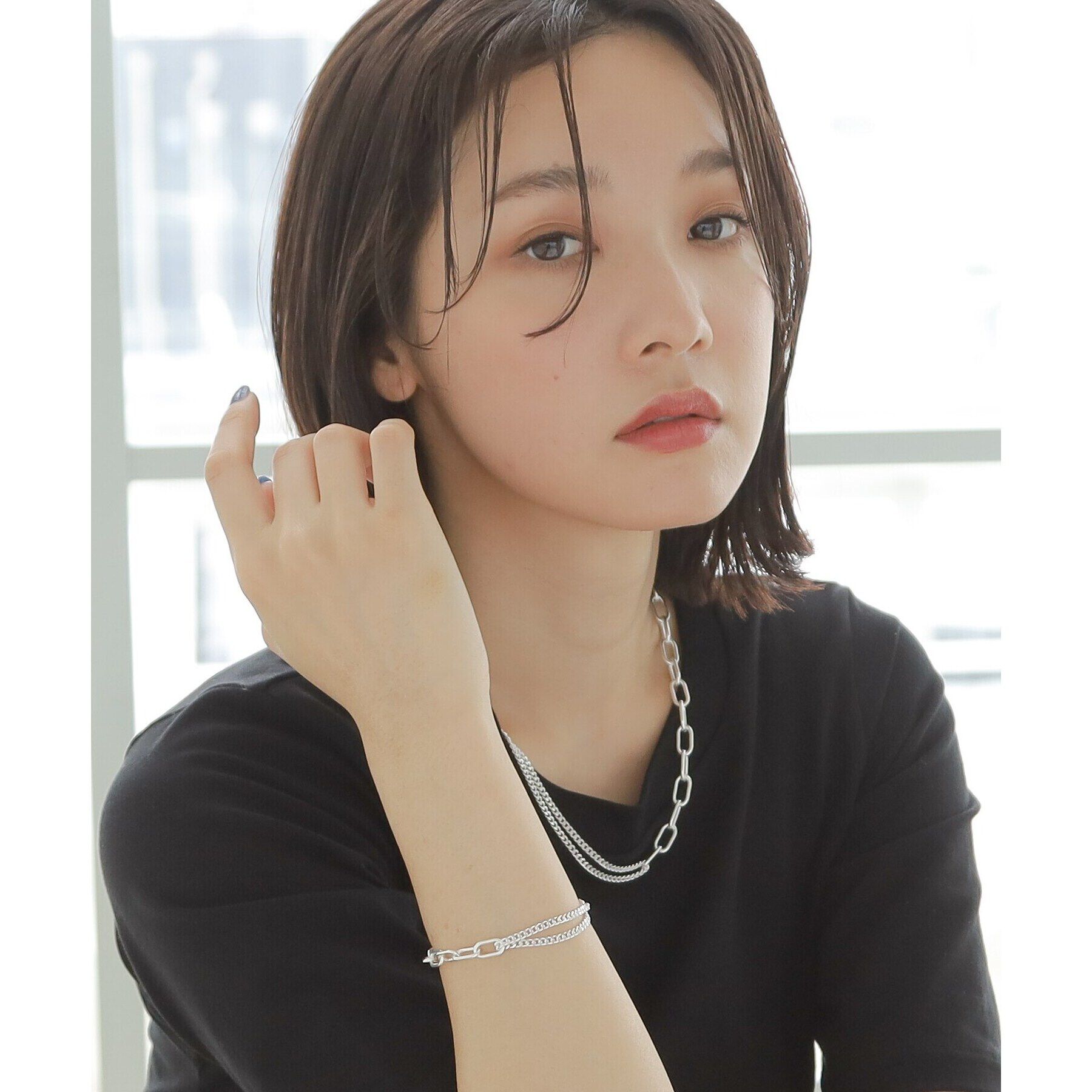 COCOSHNIK ONKITSCH「シルバー ミックスチェーン ケーブルカーブ ドレープ ネックレス」|ネックレス|