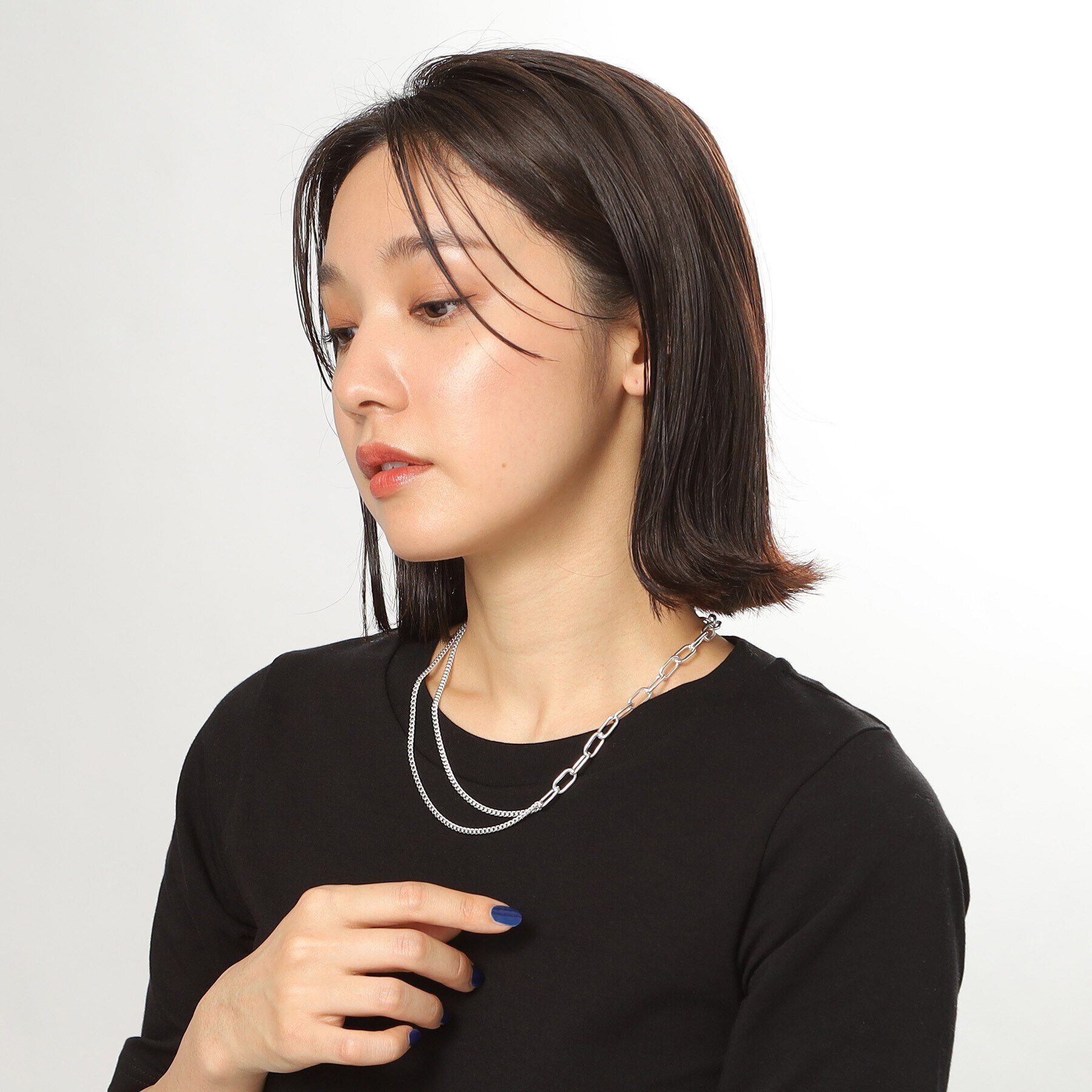 COCOSHNIK ONKITSCH「シルバー ミックスチェーン ケーブルカーブ ドレープ ネックレス」|ネックレス|