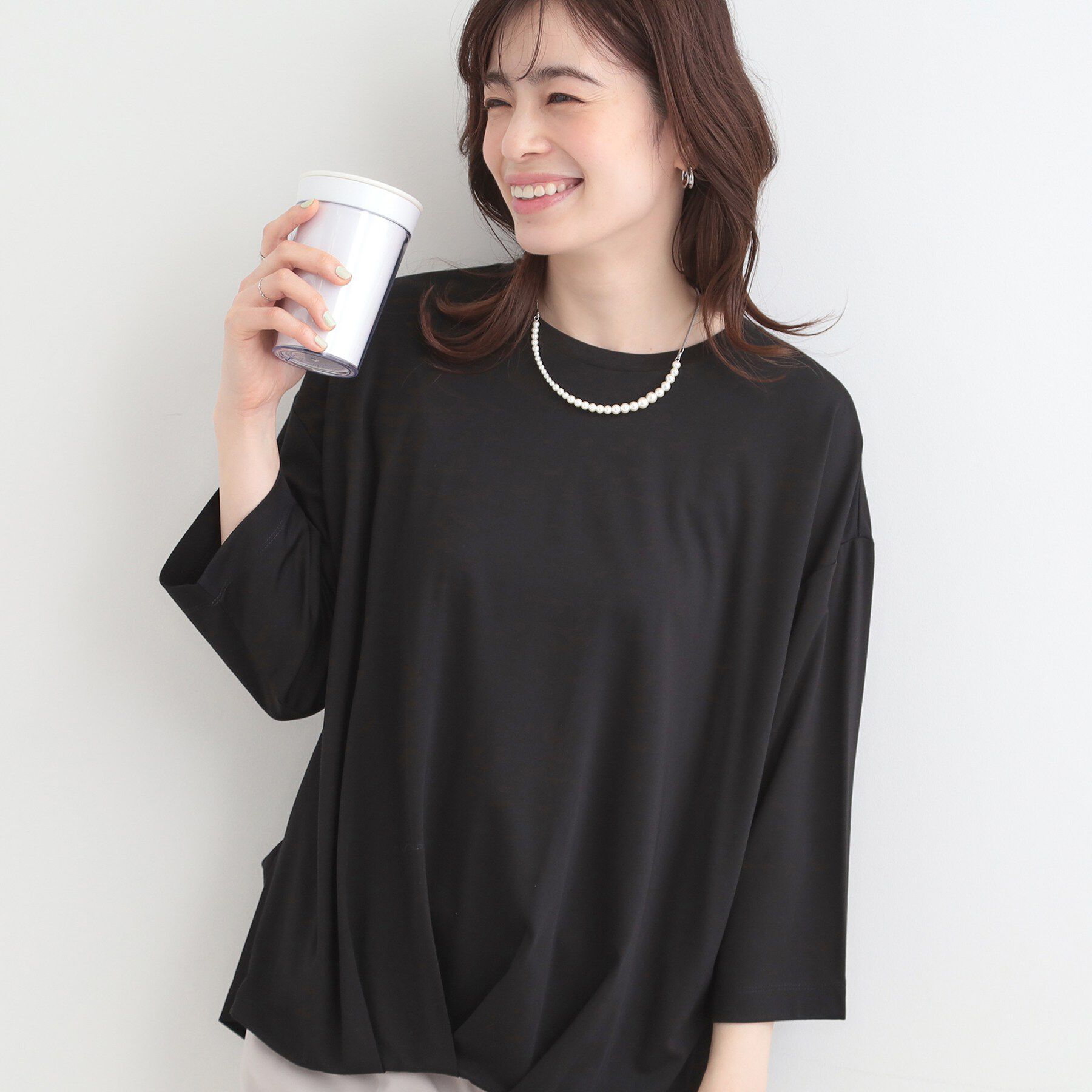 SHOO･LA･RUE「【SHOO ICE/UVカット/インしない】とろみフロントタック7分袖ゆるトップス」|Tシャツ・カットソー|ブラック(019)