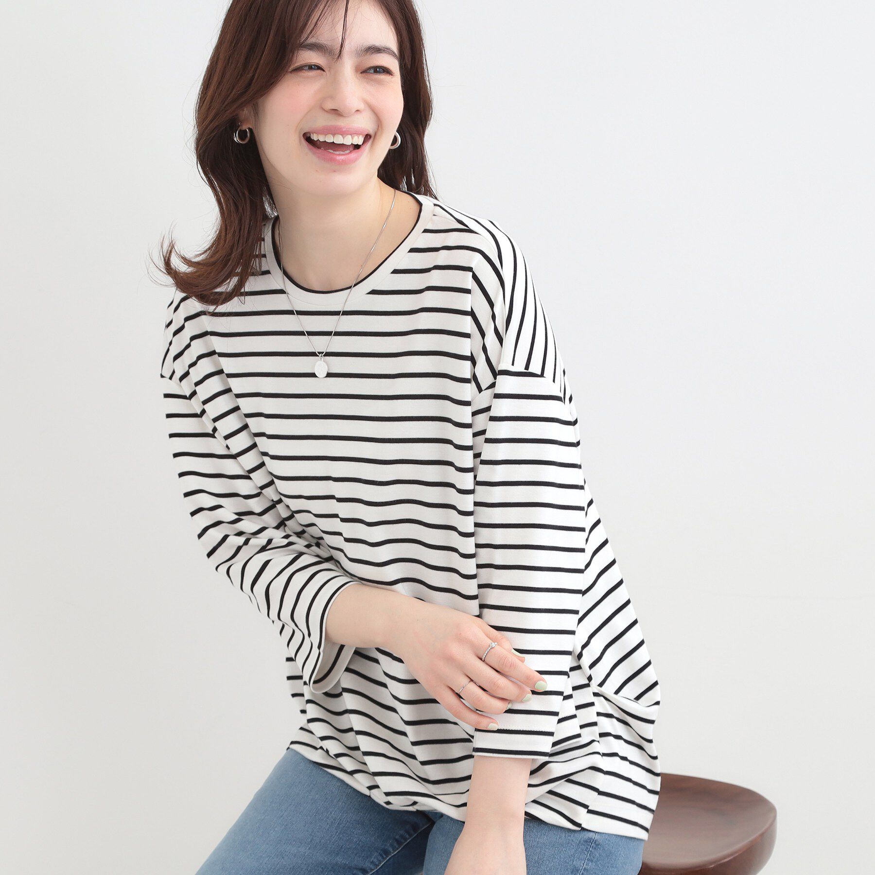 SHOO･LA･RUE「【SHOO ICE/UVカット/インしない】とろみフロントタック7分袖ゆるトップス」|Tシャツ・カットソー|オフホワイト(303