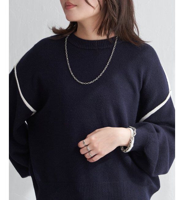 VENCE share style「5Gバイカラーラウンドネックプルオーバー」|ニット・セーター|ネイビーブルー