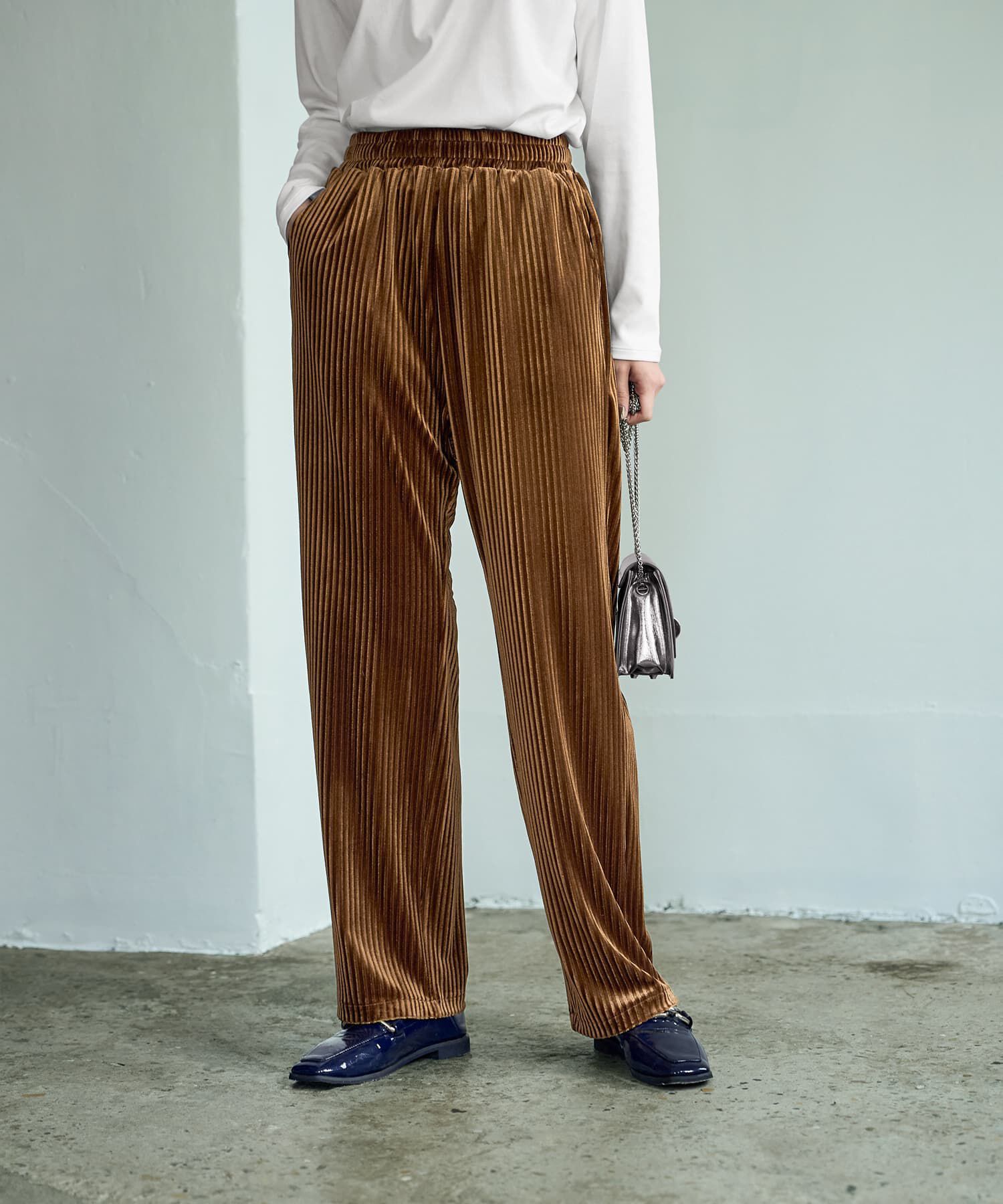 STYLE DELI「ストライプベロアリラックスパンツ」|その他|ブラウン