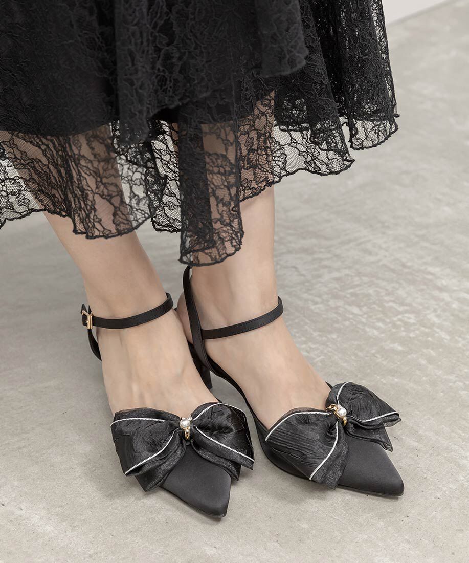  「2WAY 配色リボンアンクルストラップパンプス」|パンプス|ブラック