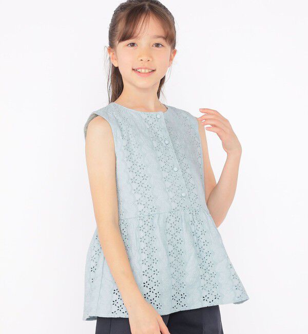 SHIPS KIDS「SHIPS KIDS:140～150cm / レース ペプラム ノースリーブ ブラウス」|シャツ・ブラウス|サックスブルー