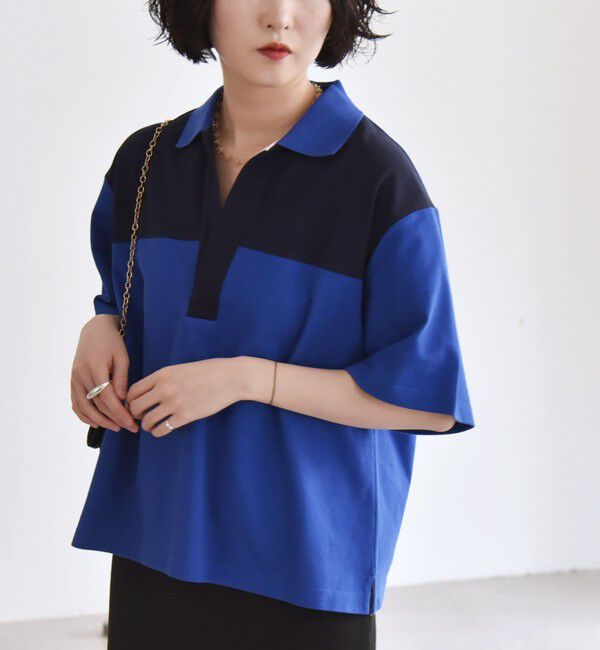 quaranciel「quaranciel:〈洗濯機可能〉カノコ スキッパー デザイン ワイド ポロシャツ」|Tシャツ・カットソー|ブルー