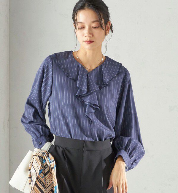 SHIPS for women「《予約》〈手洗い可能〉フィブリル ストライプ フリル カラー ブラウス」|シャツ・ブラウス|