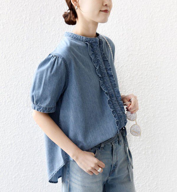 SHIPS for women「《予約》【WEB限定】〈手洗い可能〉ライト オンス フリル デニム 半袖 シャツ」|シャツ・ブラウス|