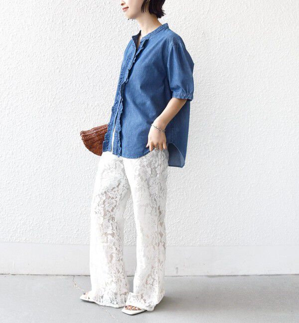 SHIPS for women「《予約》【WEB限定】〈手洗い可能〉ライト オンス フリル デニム 半袖 シャツ」|シャツ・ブラウス|