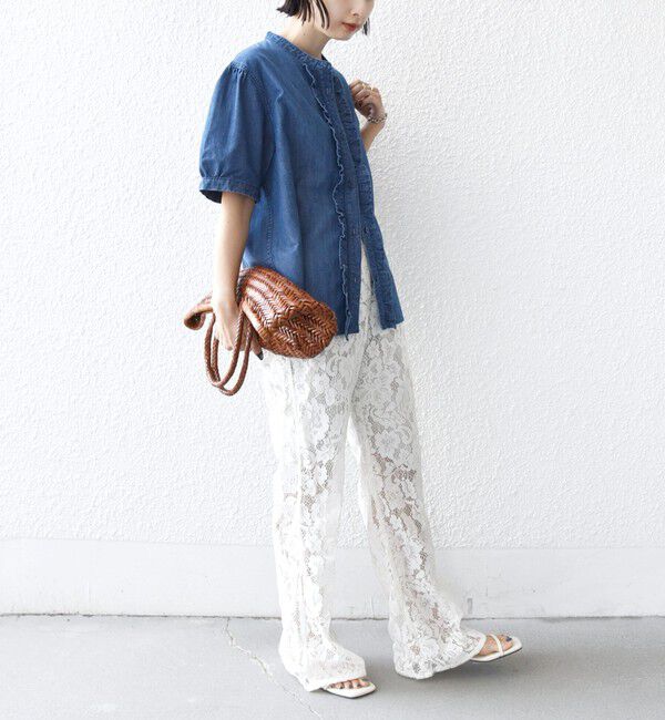 SHIPS for women「《予約》【WEB限定】〈手洗い可能〉ライト オンス フリル デニム 半袖 シャツ」|シャツ・ブラウス|